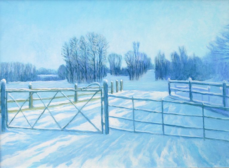 Snow on the small bridge at Boughton Grounds 2021 oil on canvas 61 x 54 cm