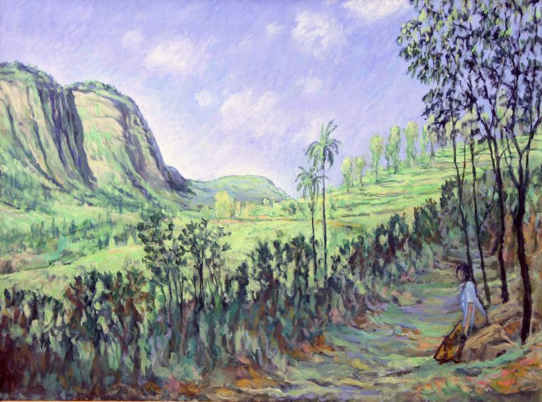The Valley from a path in a tea estate 2024 Oil on canvas 62 x 23 cm