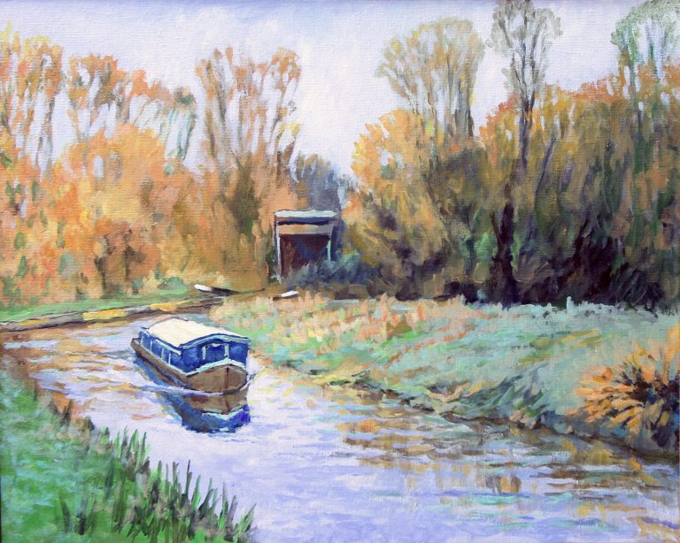 Narrow boat on the River Nene, Autumn