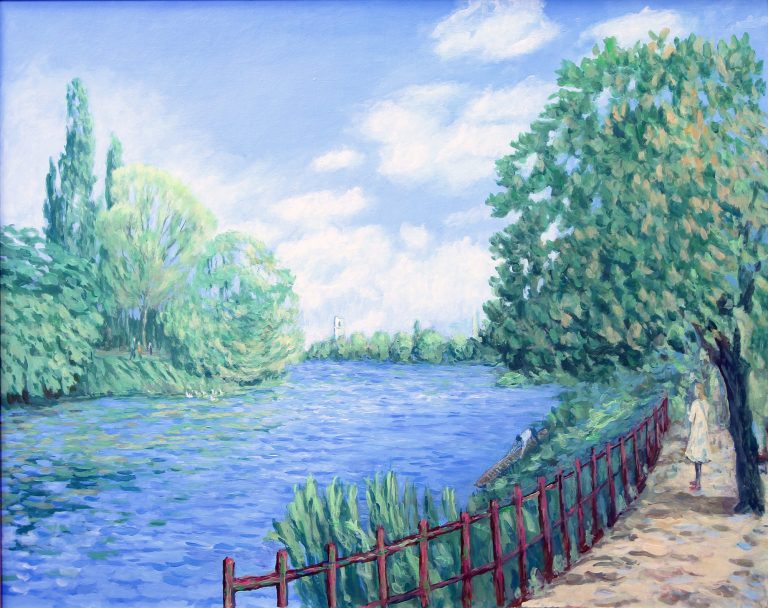 Worcester a path by the cathedral 2021 oil 80 x 65 cm